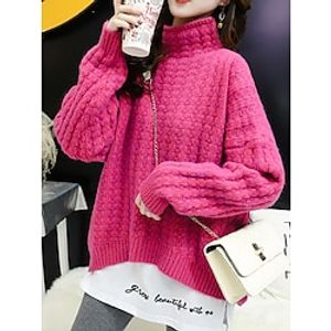 Women's Pullover Sweater Jumper Turtleneck Cable Knit Cashmere Oversized Fall Winter Regular Outdoor Daily Going out Stylish Casual Soft Long Sleeve Solid Color Blue Purple Fuchsia One-Size miniinthebox