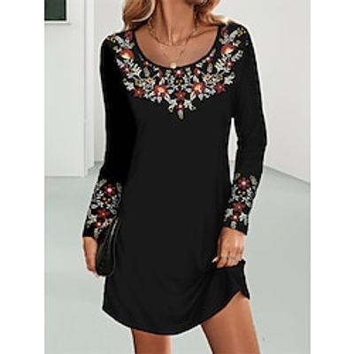 Women's Casual Dress Winter Dress Floral Print V Neck Mini Dress Streetwear Street Holiday Long Sleeve Loose Fit Red Purple Fuchsia Fall Winter S M L XL XXL Lightinthebox