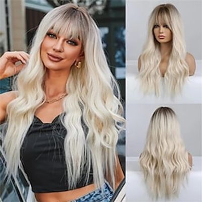 Long Blonde Wig With Bangs Natural Synthetic Hair Ombre Blonde Wavy Wig With Dark Roots For Women Daily Party Cosplay Wear Christmas Party Wigs miniinthebox