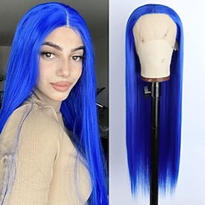 Royal Blue Lace Front Wig Long Straight 132.5 Middle Part Heat Resistant Fiber Hair Bright Blue Synthetic Lace Front Wigs for Women miniinthebox
