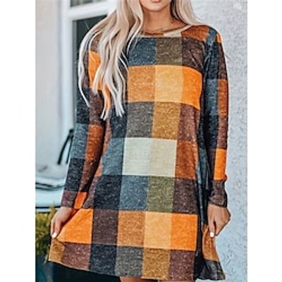 Women's Plaid Dress Winter Dress Floral Print V Neck Mini Dress Fashion Streetwear Outdoor Daily Long Sleeve Loose Fit Yellow Red Blue Fall Winter S M L XL XXL Lightinthebox