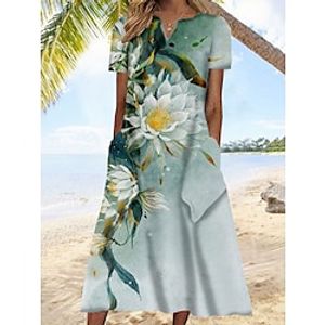 Women's Casual Dress Shift Dress Swing Dress Floral Ombre Pocket Print V Neck Midi Dress Active Fashion Outdoor Vacation Short Sleeve Regular Fit Light Green Blue Green Spring Summer S M L XL XXL Lightinthebox