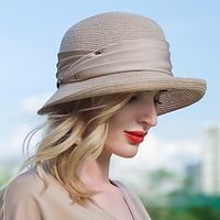 Hats Straw synthetic fibre Bucket Hat Floppy Hat Straw Hat Wedding Tea Party Elegant Wedding With Ribbons Splicing Headpiece Headwear Lightinthebox - thumbnail
