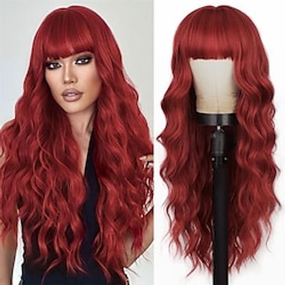 Lativ Red Wig With Bangs Long Red Wigs for Women 26 Inches Curly Wavy Hair Natural Looking Heat Resistant Fiber Wig for Girls Halloween Party Use Christmas Party Wigs miniinthebox