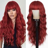 Lativ Red Wig With Bangs Long Red Wigs for Women 26 Inches Curly Wavy Hair Natural Looking Heat Resistant Fiber Wig for Girls Halloween Party Use Christmas Party Wigs miniinthebox - thumbnail