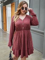 Plus Size V-neck Ribbed Knit Long Sleeves Dress - thumbnail