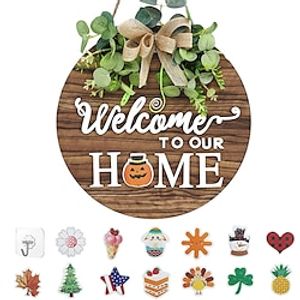 pc Wooden Plaque Interchangeable Seasonal Welcome Sign Front Door Decoration Festive Style Round Wooden Wreath Wall Hanging Outdoors Walls Porches Suitable For Spring Summer Fall Four Seasons miniinthebox