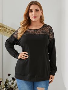 YOINS Plus Size Round Neck Lace Patchwork Long Sleeves Tee