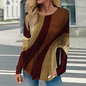 Women's T shirt Tee Red Blue Purple Color Block Print Long Sleeve Daily Weekend Fashion Round Neck Regular Fit Painting Spring   Fall Lightinthebox