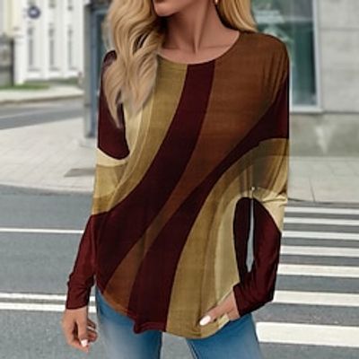 Women's T shirt Tee Red Blue Purple Color Block Print Long Sleeve Daily Weekend Fashion Round Neck Regular Fit Painting Spring   Fall Lightinthebox