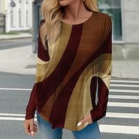 Women's T shirt Tee Red Blue Purple Color Block Print Long Sleeve Daily Weekend Fashion Round Neck Regular Fit Painting Spring   Fall Lightinthebox - thumbnail