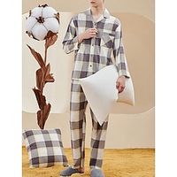 Men's Loungewear Sleepwear Pajama Set Pajama Top and Pant 2 Pieces Plaid Stylish Casual Comfort Home Daily Bed Polyester Comfort Soft Lapel Long Sleeve Shirt Pant Drawstring Elastic Waist Front Pocket Lightinthebox - thumbnail