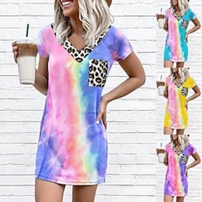 Women's T Shirt Dress Tee Dress Maxi long Dress Green Blue Purple Yellow Short Sleeve Tie Dye Leopard Ruched Print Spring Summer V Neck Stylish Casual 2022 S M L XL 2XL 3XL 4XL 5XL Lightinthebox