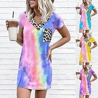 Women's T Shirt Dress Tee Dress Maxi long Dress Green Blue Purple Yellow Short Sleeve Tie Dye Leopard Ruched Print Spring Summer V Neck Stylish Casual 2022 S M L XL 2XL 3XL 4XL 5XL Lightinthebox - thumbnail