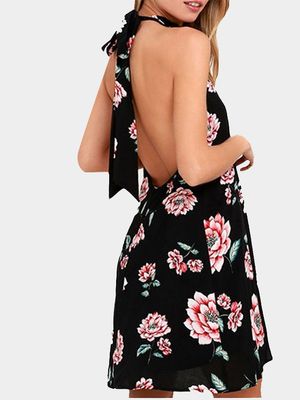 Black Halter Neck Random Floral Print Dress Black Halter Neck Random Floral Print Dress