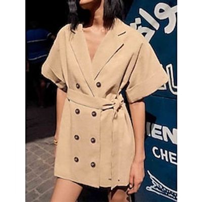 Women's Casual Dress Summer Dress Plain Dress Mini Dress Lace up Button Work Street Date Streetwear Shirt Collar Short Sleeve Loose Fit Khaki Color S M L Size Lightinthebox