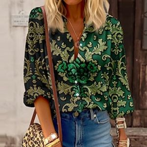 Women's Shirt Blouse Graphic Blue Purple Green Print Button Long Sleeve Casual Fashion Standing Collar Regular Fit Spring   Fall Lightinthebox