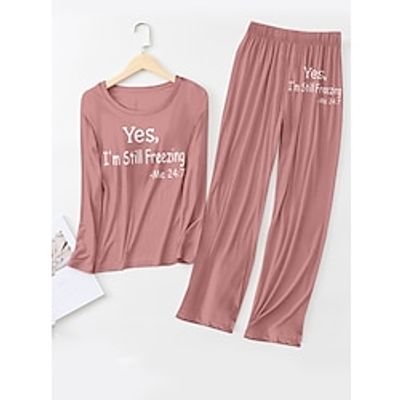 Women's Pajama Top and Pant Letter Warm Comfort Soft Home Daily Bed Spandex Warm Breathable Crew Neck Long Sleeve T shirt Tee Pant Fall Winter Lotus Pink Black Lightinthebox