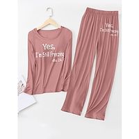 Women's Pajama Top and Pant Letter Warm Comfort Soft Home Daily Bed Spandex Warm Breathable Crew Neck Long Sleeve T shirt Tee Pant Fall Winter Lotus Pink Black Lightinthebox - thumbnail