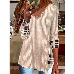 Women's Shirt Blouse Khaki Sky Blue White Plaid Button Print Long Sleeve Casual Basic V Neck Regular S Lightinthebox