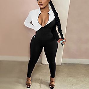 Women's Active Casual bodycon Street Sport Daily Sporty Look White Black Gray Jumpsuit Plaid Color Block Zipper Print Lightinthebox