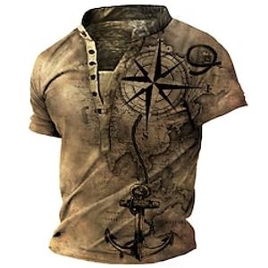 Men's T shirt Tee Henley Shirt Tee Graphic Anchor Compass Stand Collar Green Blue Pink Khaki 3D Print Plus Size Outdoor Daily Short Sleeve Button-Down Print Clothing Apparel Basic Designer Casual Big miniinthebox