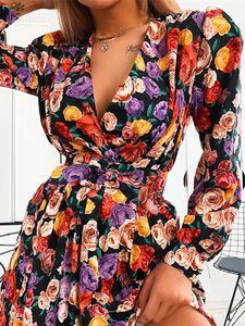 YOINS Random Floral Print Wrap Design Belted Puff Sleeves Deep v neck Dress