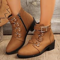 Women's Boots Combat Boots Plus Size Work Boots Daily Booties Ankle Boots Block Heel Round Toe Classic Minimalism Faux Leather Lace-up Solid Color Black Brown Khaki Lightinthebox - thumbnail