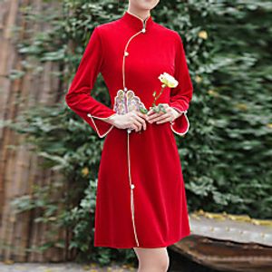 Women's Bodycon Short Mini Dress Black Red Long Sleeve Floral Embroidery Embroidered Split Spring Summer Stand Collar Elegant Traditional Chinoiserie 2021 M L XL XXL 3XL 4XL Lightinthebox