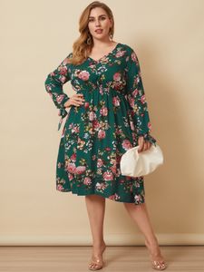 Plus Size V-neck Floral Print Button Design Long Sleeves Dress
