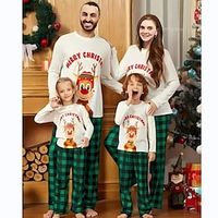 Family Look Christmas Pajamas Plaid Deer Home Green Long Sleeve Daily Matching Outfits miniinthebox - thumbnail