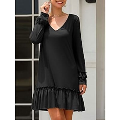 Women's Casual Dress Shift Dress Pleated Dress Plain Ruched Ruffle V Neck Mini Dress Basic Mature Outdoor Daily Long Sleeve Regular Fit Black Purple Orange Summer Spring S M L XL Lightinthebox