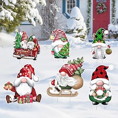 1PC Christmas Yard signage Christmas Dwarves Santa Claus Garden Logo Christmas Decoration Hollow Board Printing Waterproof Outdoor Christmas Decorations Lightinthebox