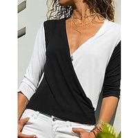 Women's T shirt Tee Color Block Casual Weekend T shirt Tee Long Sleeve V Neck Basic Black S Lightinthebox - thumbnail