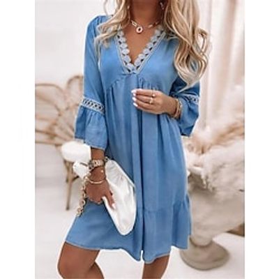 Women's Casual Dress Cotton Linen Dress Swing Dress Midi Dress Cotton Blend Fashion Basic Outdoor Daily V Neck Patchwork Eyelet 3/4 Length Sleeve Summer Spring Fall 2023 Regular Fit Blue Plain S M L miniinthebox Women's Casual Dress Cotton Linen Dress Swing Dress Midi Dress Cotton Blend Fashion Basic Outdoor Daily V Neck Patchwork Eyelet 3/4 Length Sleeve Summer Spring Fall 2023 Regular Fit Blue Plain S M L miniinthebox