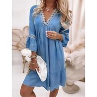 Women's Casual Dress Cotton Linen Dress Swing Dress Midi Dress Cotton Blend Fashion Basic Outdoor Daily V Neck Patchwork Eyelet 3/4 Length Sleeve Summer Spring Fall 2023 Regular Fit Blue Plain S M L miniinthebox - thumbnail