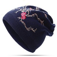 Women Solid Plum Embroidery Bonnet Knitted Hats