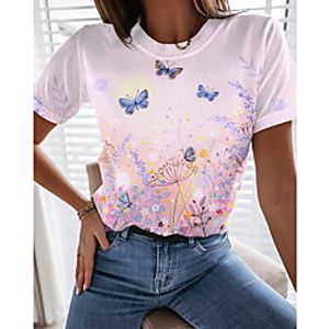 Women's Going out Butterfly Dandelion Painting T shirt Floral Graphic Butterfly Print Round Neck Basic Tops White miniinthebox