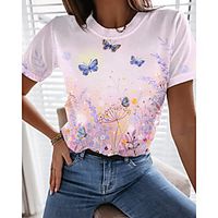 Women's Going out Butterfly Dandelion Painting T shirt Floral Graphic Butterfly Print Round Neck Basic Tops White miniinthebox - thumbnail