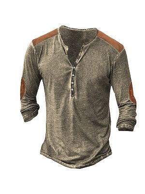 Men's Retro Stitching Color Contrast Henley Long Sleeve T-Shirt