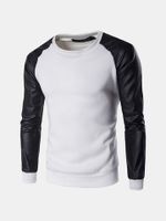 Mens Long Sleeves Sweatshirt Fashion Splicing Color PU Leather SLeeve Casual Pullover