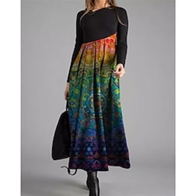 Women's Casual Dress Shift Dress Long Dress Maxi Dress Green Blue Yellow Long Sleeve Floral Patchwork Winter Fall Autumn Crew Neck Winter Dress Weekend Fall Dress 2022 S M L XL 2XL 3XL miniinthebox