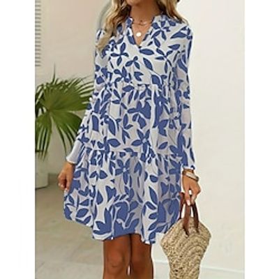 Women's Casual Dress Swing Dress A Line Dress Leaf Ruffle Print Split Neck Mini Dress Fashion Modern Daily Holiday Long Sleeve Regular Fit Blue Fall Winter S M L XL XXL Lightinthebox