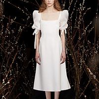 A-Line Elegant Vintage Homecoming Cocktail Party Dress Scoop Neck Short Sleeve Tea Length Satin with Sleek Bow(s) 2021 miniinthebox - thumbnail
