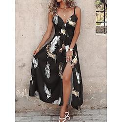 Women's Black Dress Graphic Print Loose V Neck Long Dress Maxi Dress Vintage Short Sleeve Summer Spring Lightinthebox