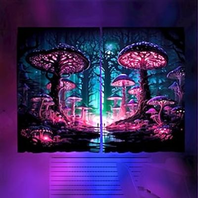 Blacklight Window Curtain UV Reactive Glow in the Dark Trippy Misty Mushroom Forest Nature Landscape for Living Room Bedroom Kid's Room Decor Lightinthebox