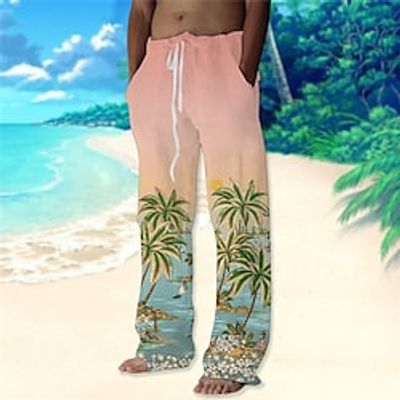 Men's Trousers Summer Pants Beach Pants Drawstring Elastic Waist Straight Leg Coconut Tree Graphic Prints Comfort Casual Daily Holiday Streetwear Hawaiian Pink Blue Lightinthebox