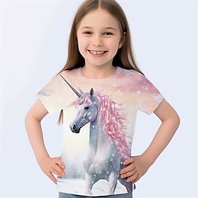 Girls' 3D Unicorn Tee Shirt Pink Short Sleeve 3D Print Summer Active Fashion Cute Polyester Kids 3-12 Years Crew Neck Outdoor Casual Daily Regular Fit Lightinthebox