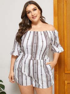Plus Size Off The Shoulder Striped Backless Design Elastic Strap 3/4 Length Sleeves Playsuit