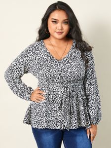 YOINS Plus Size V-neck Leopard Belt Design Long Sleeves Blouse